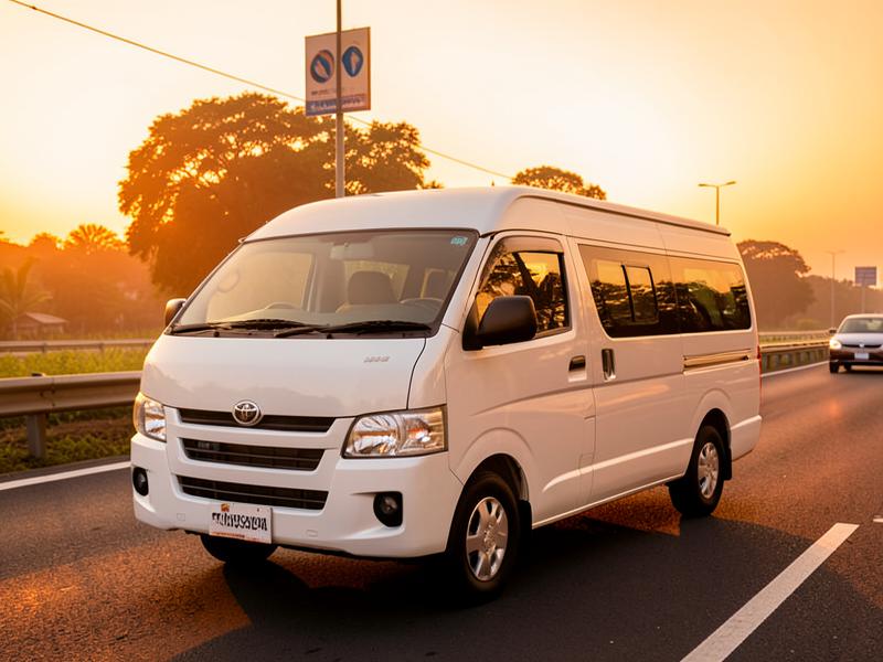 White 14-seater tempo traveller on the road